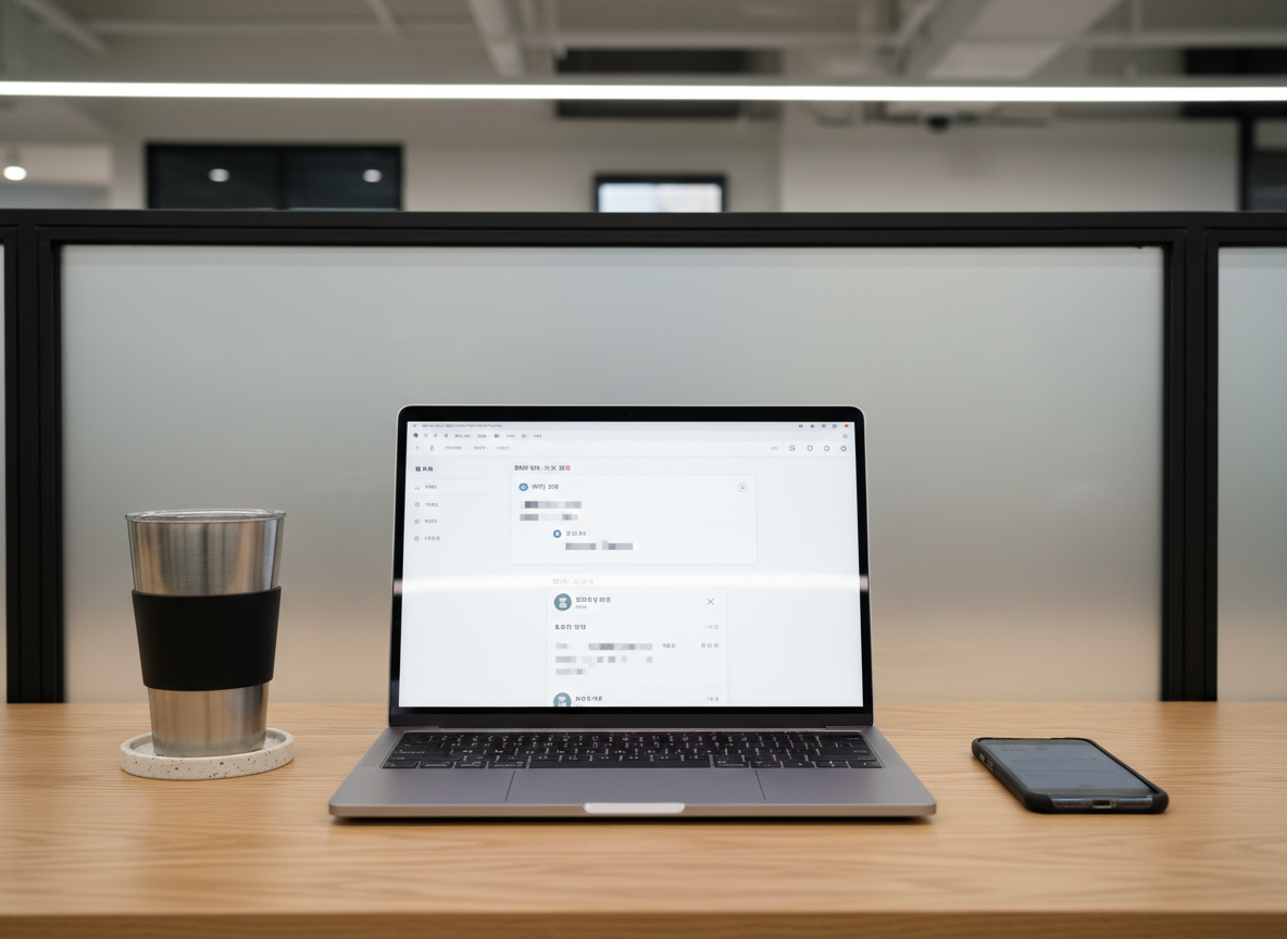A neat, compact coworking-space desk representing a Korean office worker’s setup, in realistic photographic style. A slim laptop displays a softly blurred Korean-language interface with AI-powered email drafting and calendar suggestions, carefully anonymized. Nearby, a smartphone shows an indistinct notification panel, and a reusable coffee tumbler rests on a coaster. The desk surface is light oak, with a subtle grain, and a frosted glass partition creates a clean background. Overhead LED lighting provides even, soft illumination, with faint reflections on metal edges and no harsh shadows. Shot from an eye-level, slightly off-center perspective following the rule of thirds, the composition feels contemporary, professional, and relatable for employees and freelancers adopting AI in everyday office work.