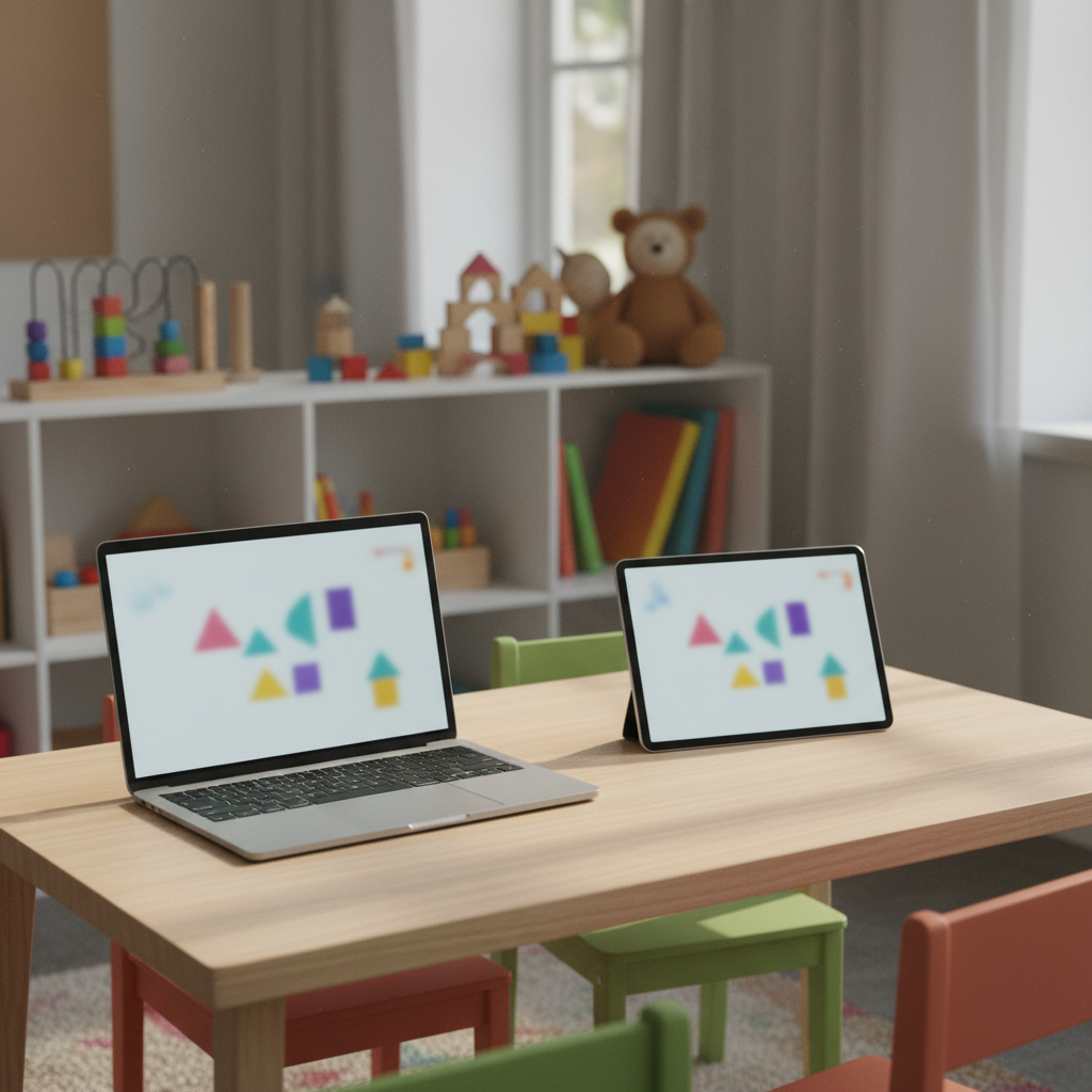 A minimalist teacher’s desk in a kindergarten classroom, seen in photographic realism, with a tablet and ultrabook side by side showing softly blurred lesson-planning interfaces and AI-generated activity ideas, all anonymized with indistinct shapes instead of text. Colorful but slightly out-of-focus educational toys and books fill low shelves in the background, hinting at a warm learning environment without showing any people. Natural afternoon light filters through large unseen windows, casting a gentle glow across the pale wood surface and creating soft shadows. Shot at eye level with a rule-of-thirds composition, the scene feels organized, calm, and practical, emphasizing the integration of AI into actual teaching preparation and classroom administration tasks.