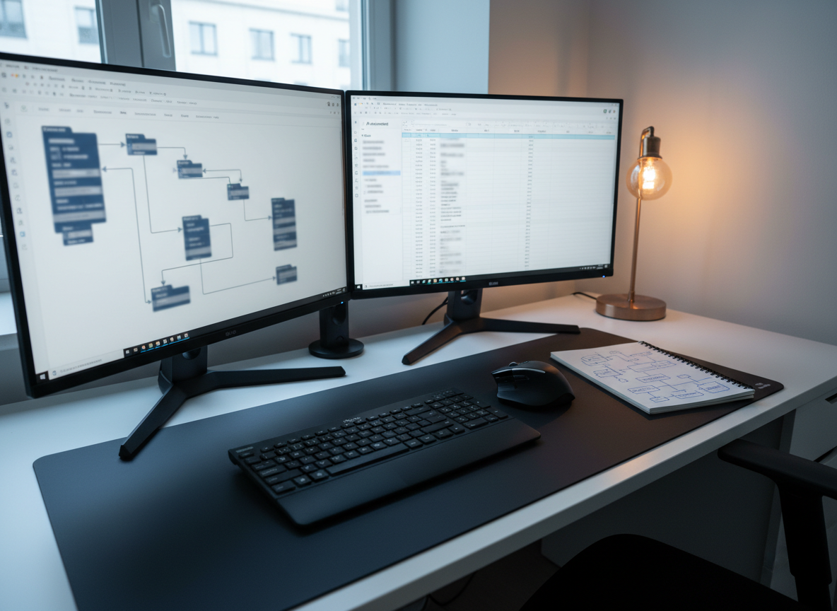 A dual-monitor workstation in a small business back office, rendered in crisp photographic realism. One monitor shows a blurred automation workflow with arrows and blocks, while the other displays an anonymized spreadsheet and AI assistant side panel. A compact wireless keyboard, ergonomic mouse, and a notepad with handwritten sketches of flowcharts sit neatly on a matte black desk. Cool, diffused daylight from a window behind the camera illuminates the matte textures, while a single warm desk lamp at the side adds contrast and depth. Captured from a slightly elevated angle with sharp focus throughout, the mood is focused and efficient, highlighting real-world AI-driven workflow automation for freelancers and small business owners.